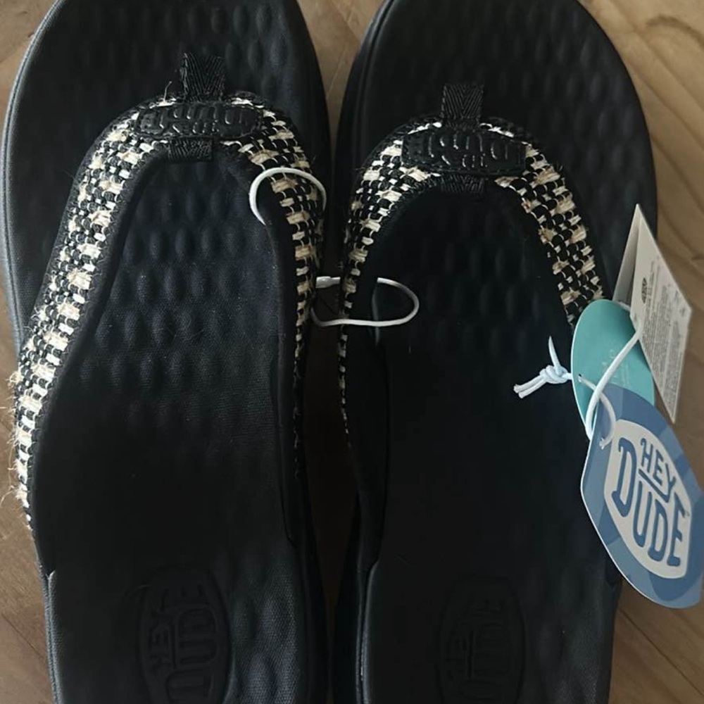 Hey Dude Black and Cream Woven-Trim Flip Flops